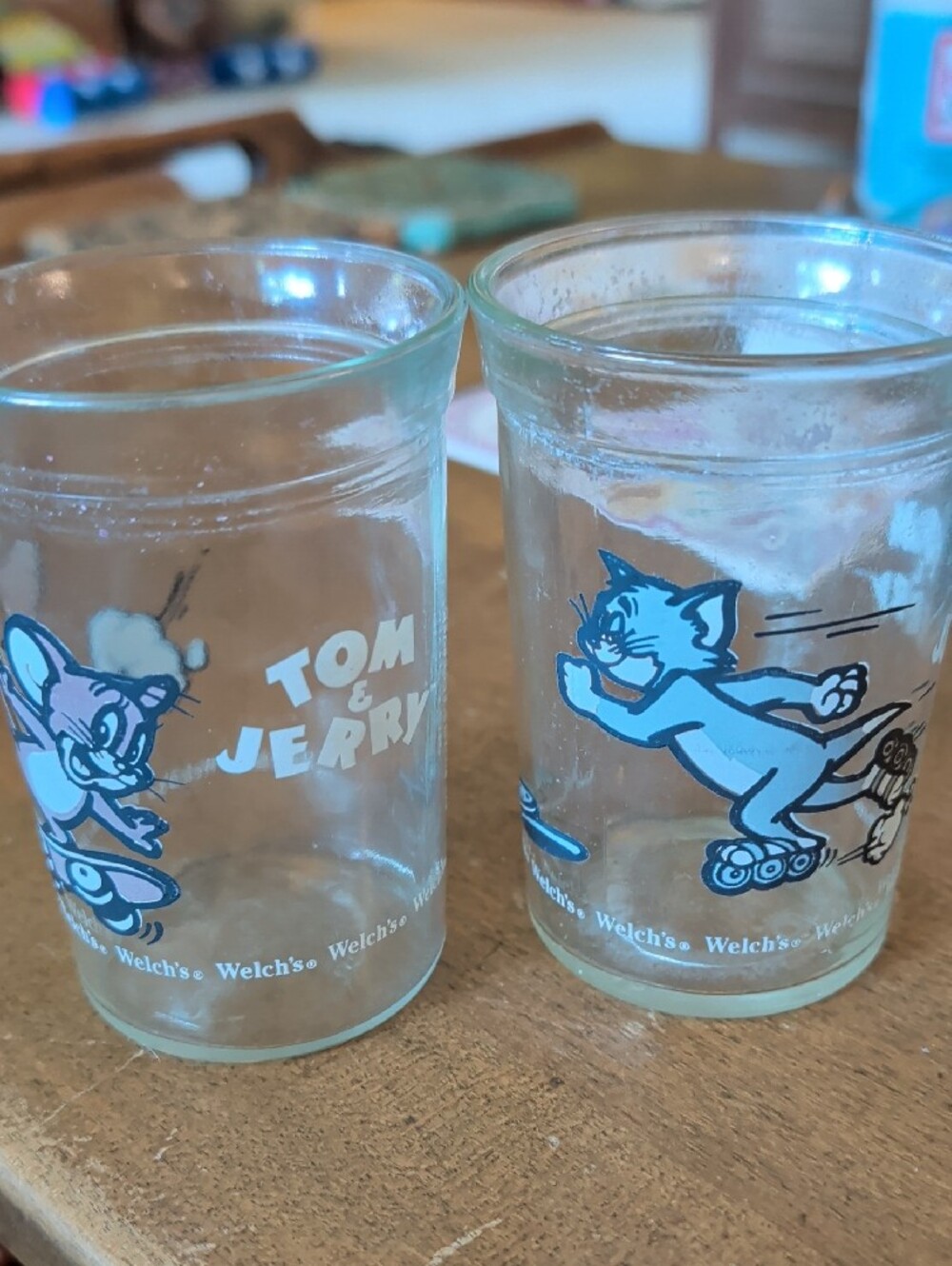 Tom and Jerry Cartoon Jelly Jar Cups- Blue and Pink Character Prints - Set of 2